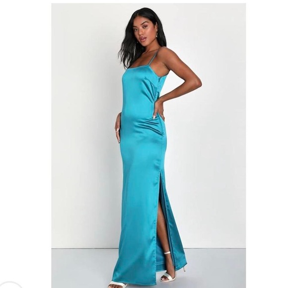 NWT Lulus Easy Radiance Teal Satin Slip Maxi Dress Medium - Picture 1 of 8
